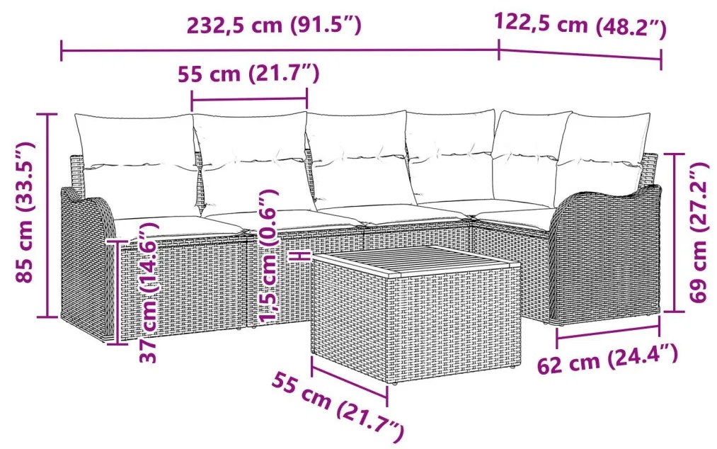 6 Darabos Kerti Kanapé Garnitúra Párnákkal Bézs Poli Rattan Akác, 2-Fős Kerti Kanapé Párnákkal Bézs Poli Rattan