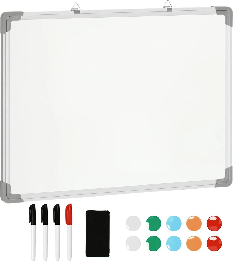 HOMCOM Fehér mágneses tábla 4 filctollal, 1 radírral, 10 mágnessel, állványra szerelhető, 60 x 1.8 x 45 cm | Aosom