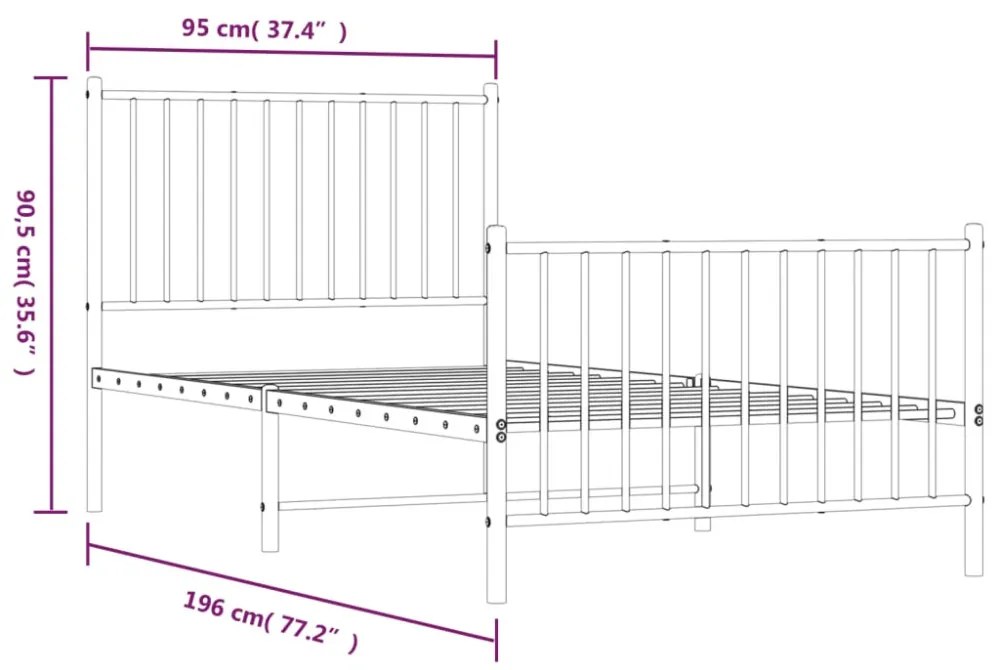 fekete fém ágykeret fej- és lábtámlával 90 x 190 cm