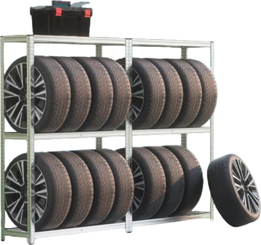 TYRE abroncstároló polc, 120x40x180cm, max 795kg, ezüst/világosbarna Jurhan