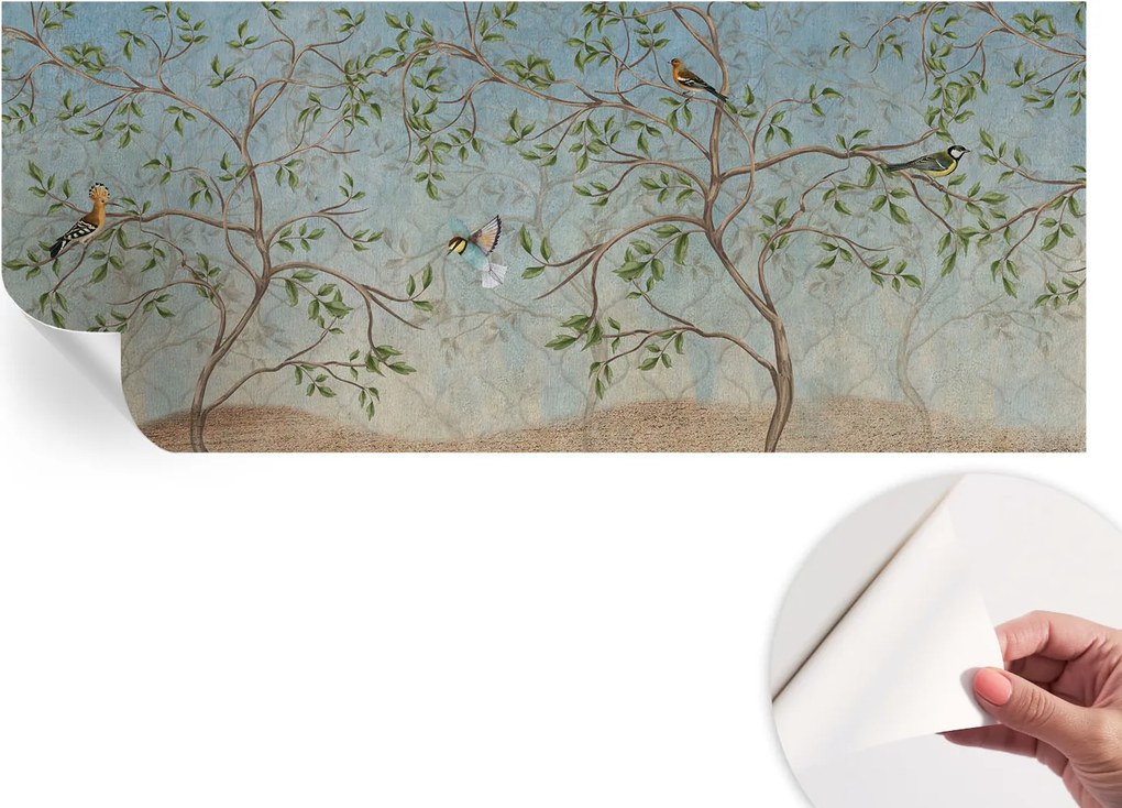 Divatos öntapadós fali tapéta Madarak a fákon 250x104 cm