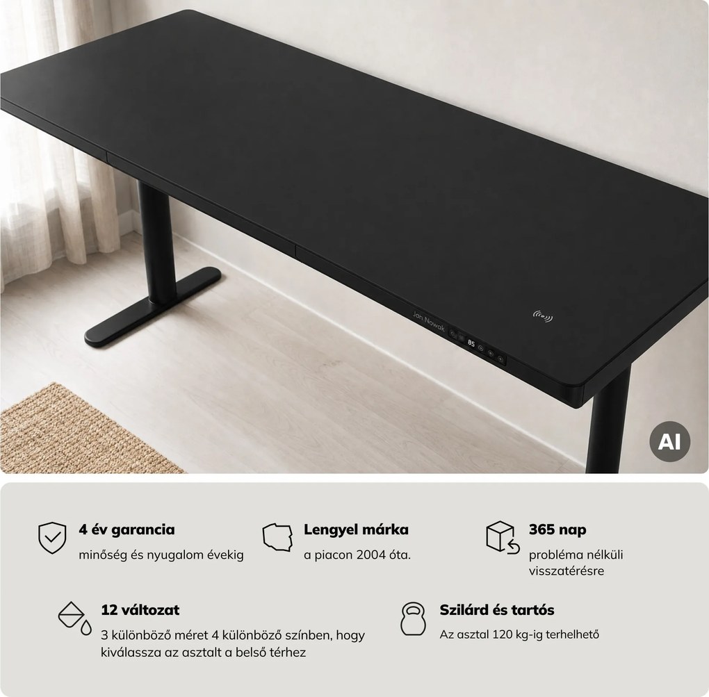 Elektromos ülő-álló íróasztal fiókkal és Qi vezeték nélküli töltővel fekete, 1600 mm: ELLIS