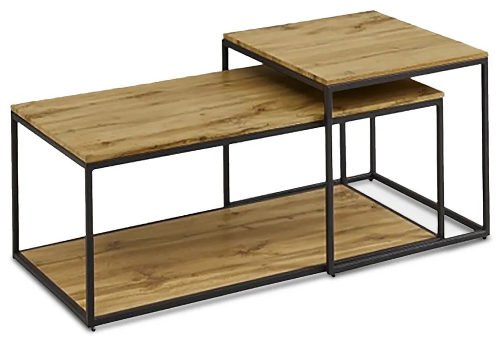 Set masuță de cafea din 2 bucăți, placă MDF, decor stejar salbatic, baza metalica, lac negru