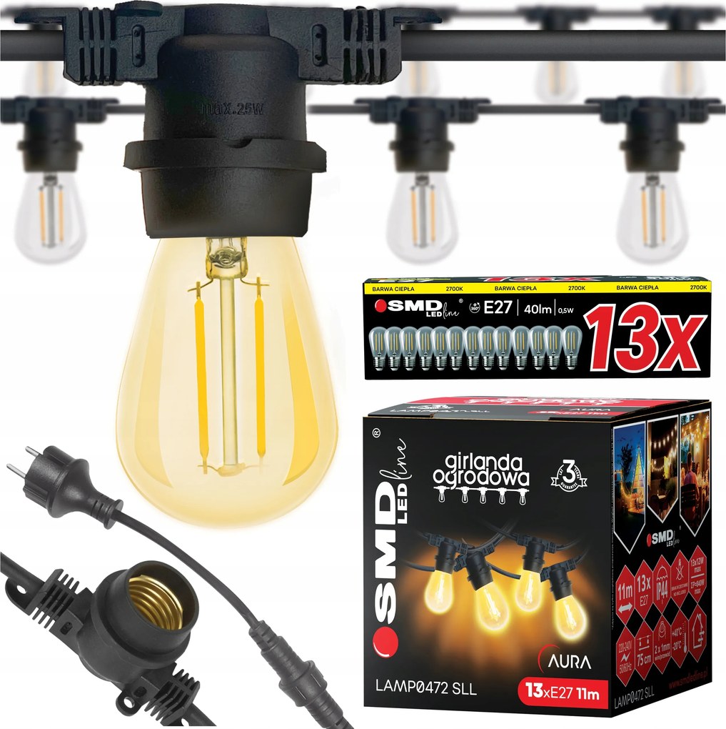 Kerti fényfüzér 10m 13X Led izzó E27 vízálló kábel