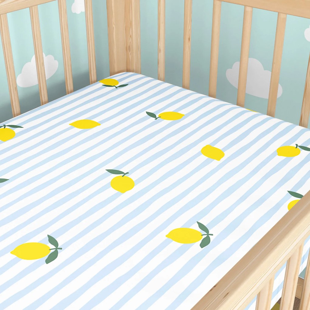 Goldea gyermek gumis pamut lepedő kiságyba - friss citromok csíkokkal 60 x 120 cm