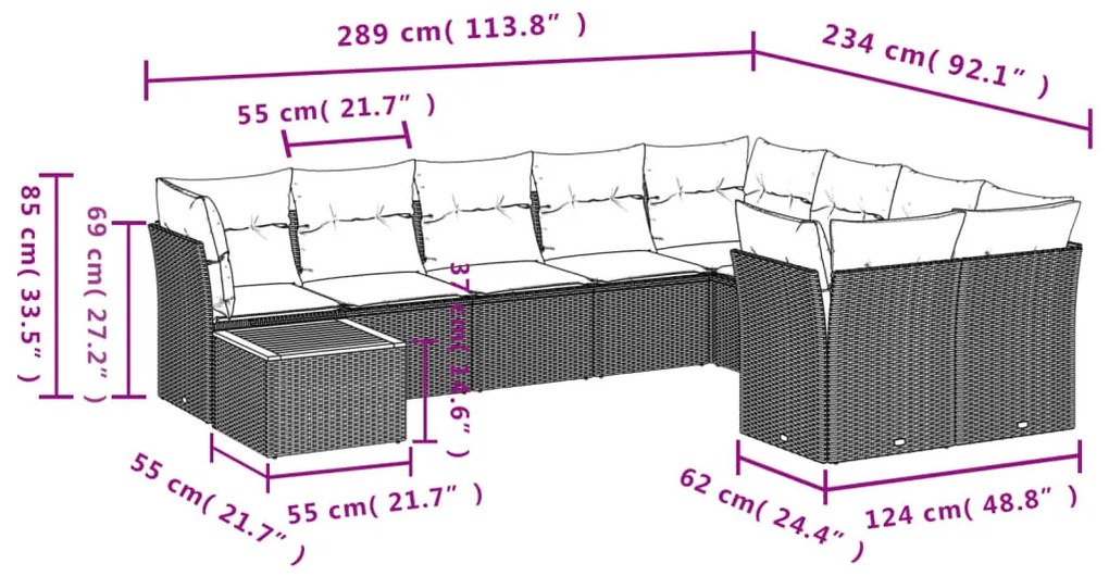 10 részes fekete polyrattan kerti ülőgarnitúra párnákkal