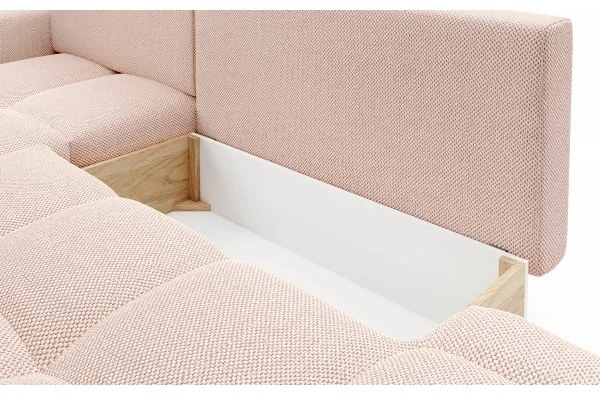 ALMADA L-alakú balos, kárpitozott, kihúzható sarokülőgarnitúra tárolóhellyel, rózsaszín