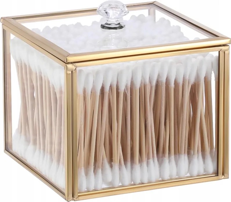 Üveg vattakorong tartó, ékszerdoboz üveg fedéllel, arany