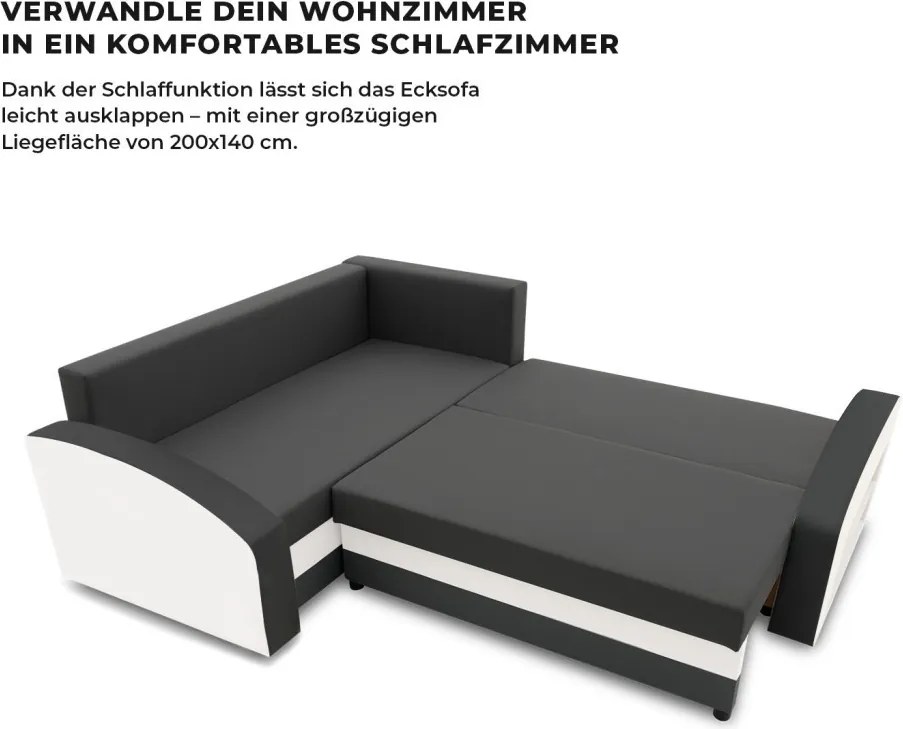 Grande sarokkanapé polcokkal , polc a jobb karfaban, baloldali, szövet anyag, hab töltet, szürke - fehér