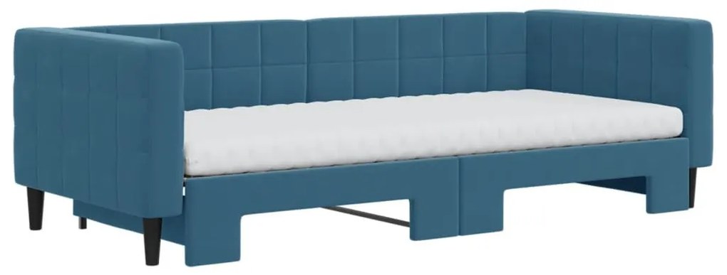 kék kihúzható bársony heverő matraccal 90 x 200 cm