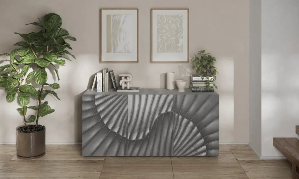 SNAKE háromajtós komód, betonhatású laminált testtel és szürke, díszített mintázatú előlapokkal