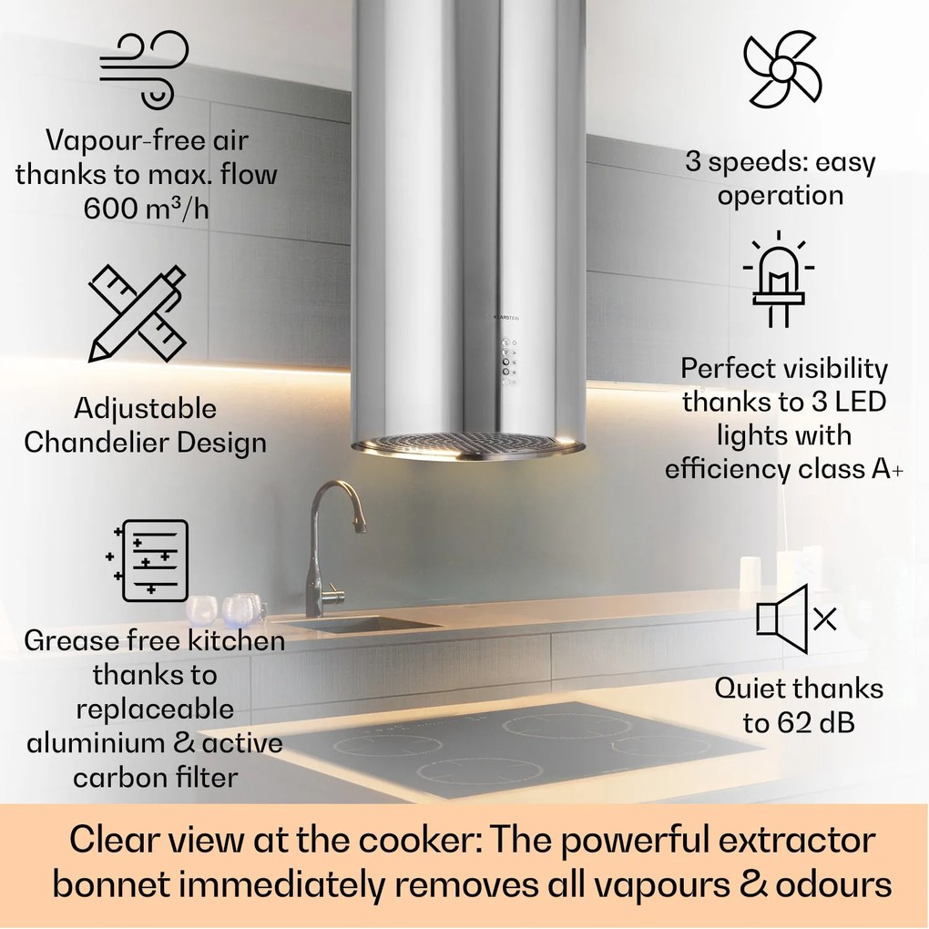 Klarstein Bolea, sziget páraelszívó, Ø 38 cm, recirkulációs/elszívás üzemmód, 600 m³/ó, LED, aktívszén szűrőkkel