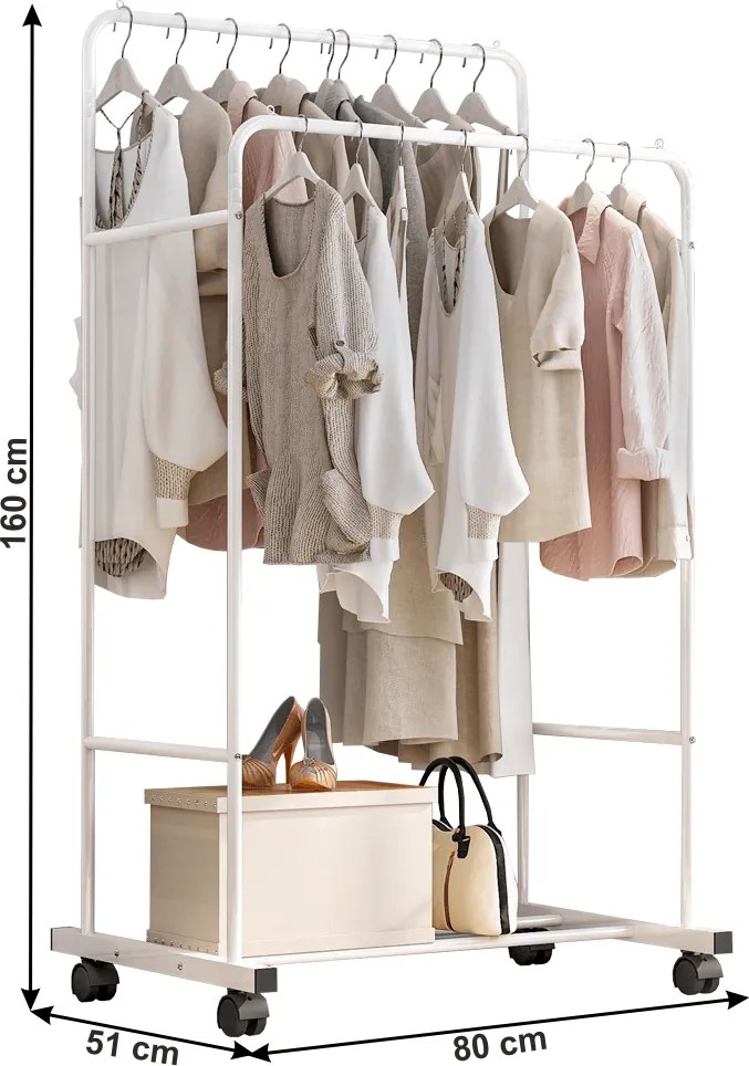 Kétsoros mozgatható akasztó, polccal, fehér, ILIANA