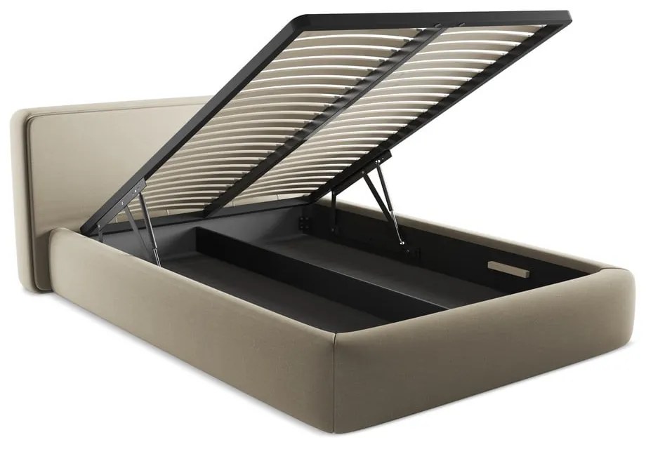 Bézs kárpitozott ágyneműtartós franciaágy ágyráccsal 140x200 cm Kiana – Makamii