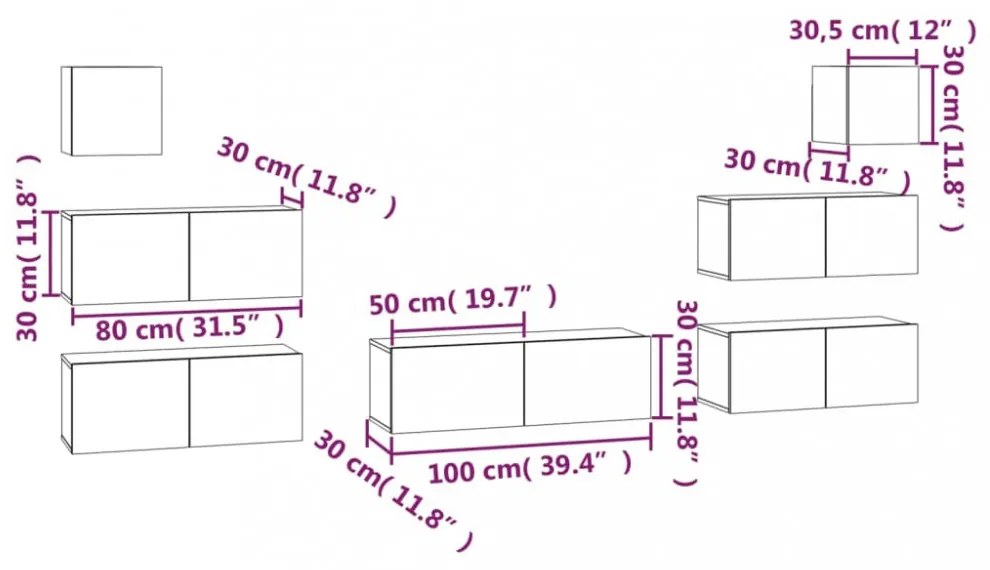 7 részes sonoma tölgyszínű szerelt fa TV-szekrényszett