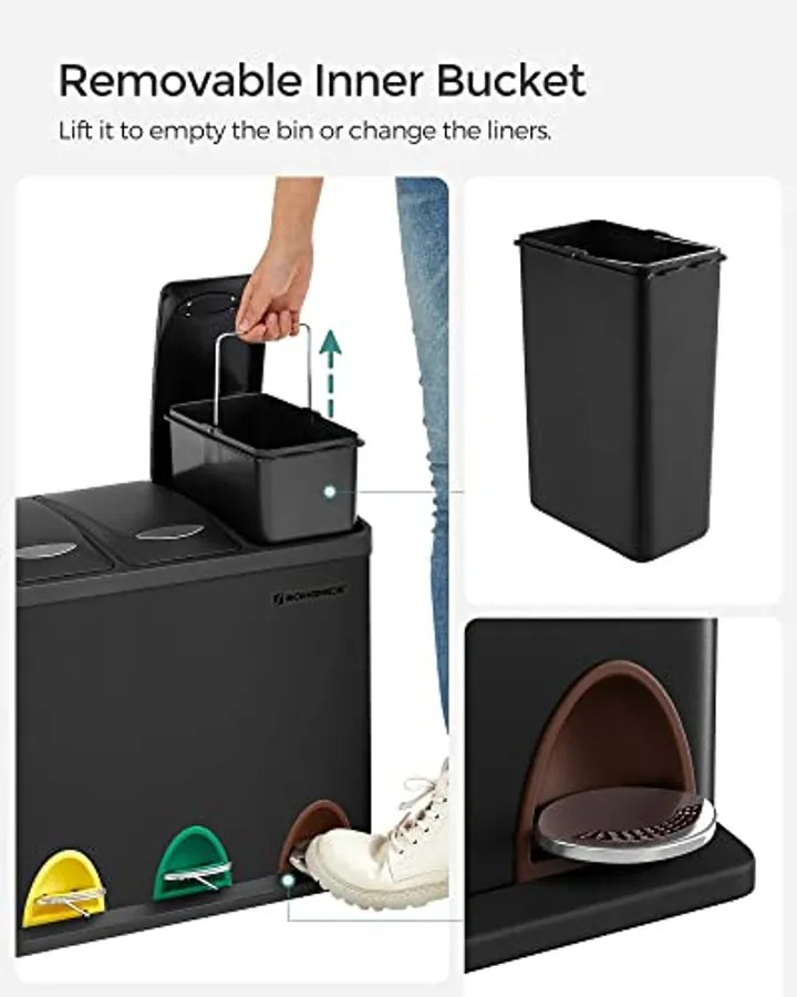 Kis szelektív konyhai hulladékgyűjtő, pedálos fedéllel, 3 x 8 literes  vödörrel, acél, fekete