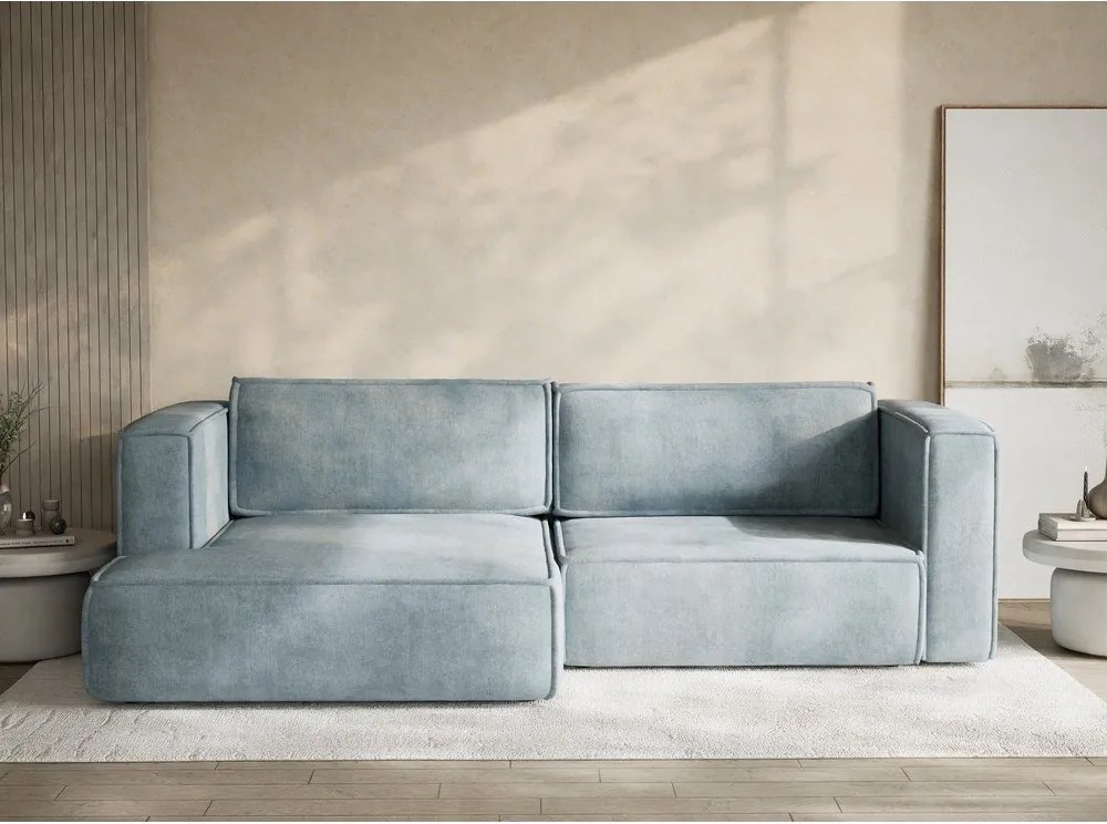 Világoskék zsenília kinyitható-tárolóhelyes sarokkanapé (bal oldali-heverő résszel) Velto – Maison de Rêve