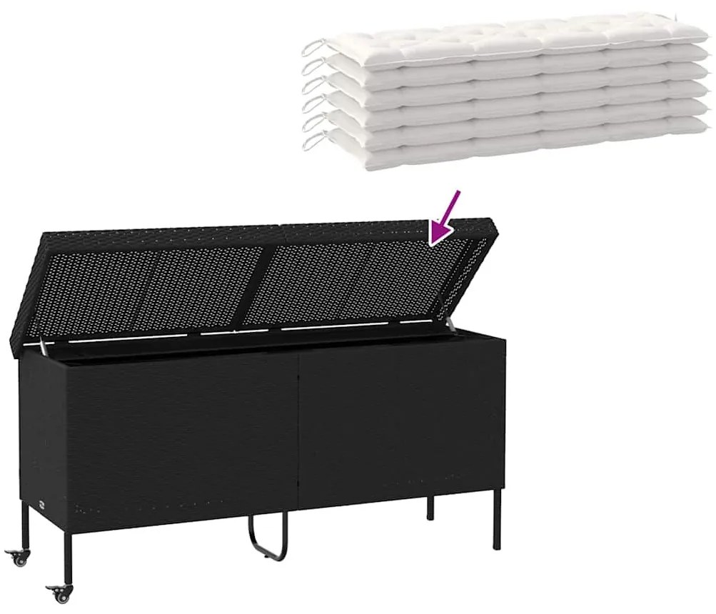 fekete polyrattan kerti tárolóláda kerekekkel 160x55x75 cm