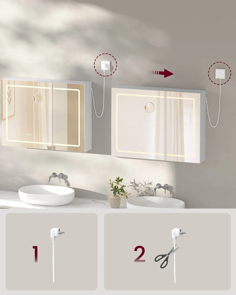 Fürdőszobai faliszekrény tükörrel és LED világítással, 16,5 x 80 x 60 cm, fehér