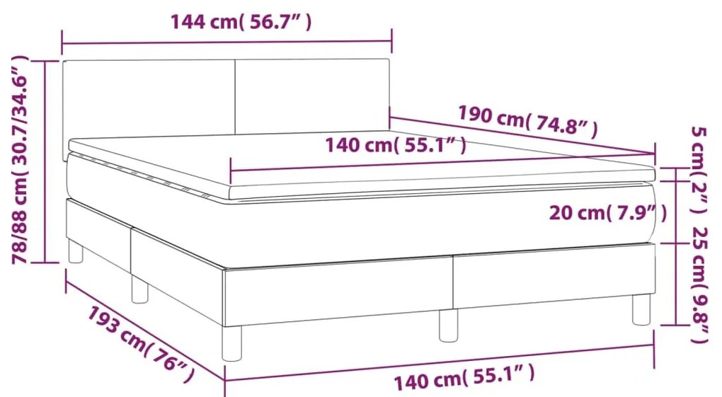 rózsaszín bársony rugós és LED-es ágy matraccal 140x190 cm