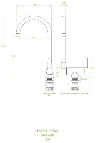 Laveo Bona, álló konyhai csaptelep h-395, rozsdamentes acél, LAV-BAB_268L
