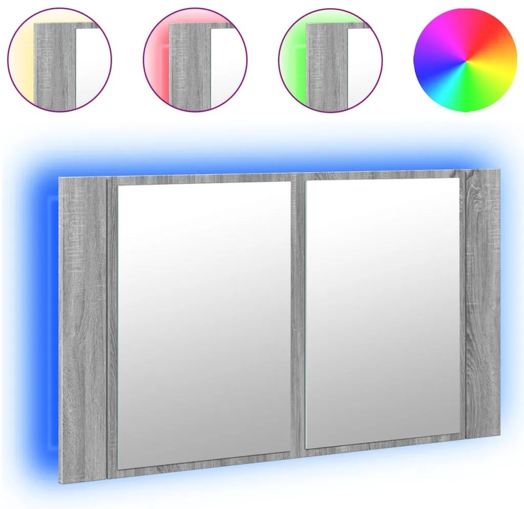 szürke sonoma akril LED-es tükrös fürdőszobaszekrény 80x12x45cm