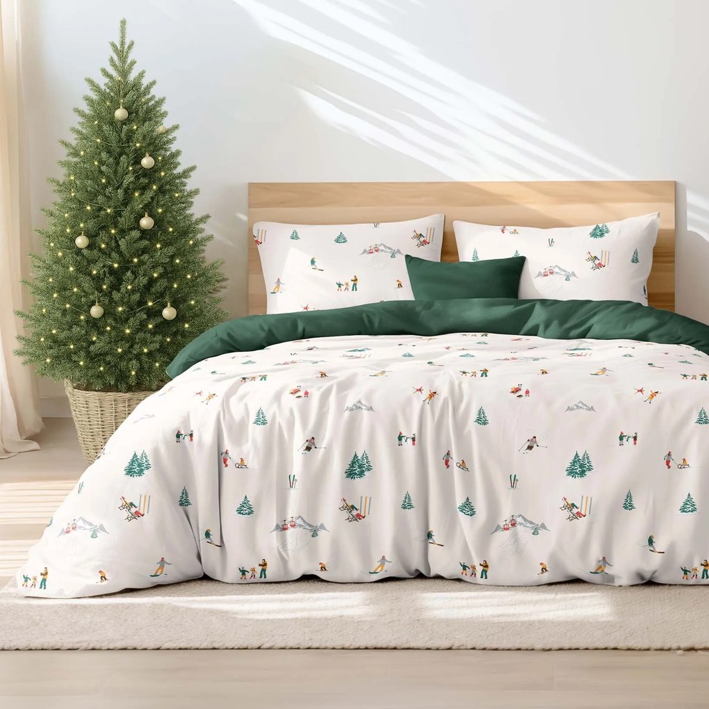 Goldea pamut ágyneműhuzat duo - téli örömök, sötétzöld hátoldal 240 x 220 és 2db 70 x 90 cm