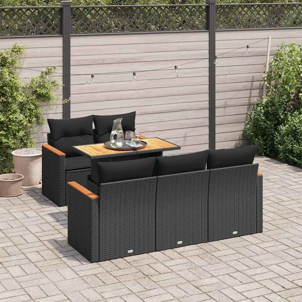 6 részes fekete polyrattan akácfa kerti ülőgarnitúra párnákkal