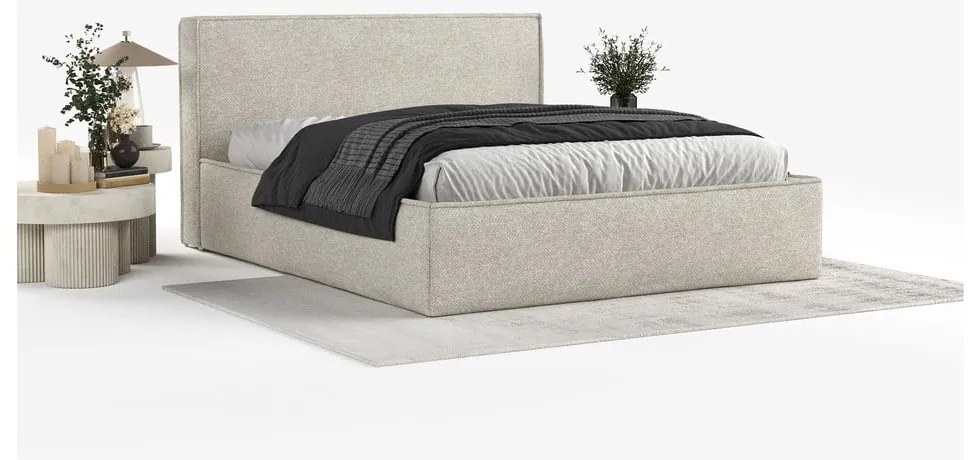 Bézs kárpitozott ágyneműtartós franciaágy ágyráccsal 180x200 cm Lounge L – Maison de Rêve