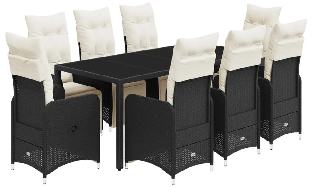 9 részes fekete polyrattan kerti bisztrógarnitúra párnákkal