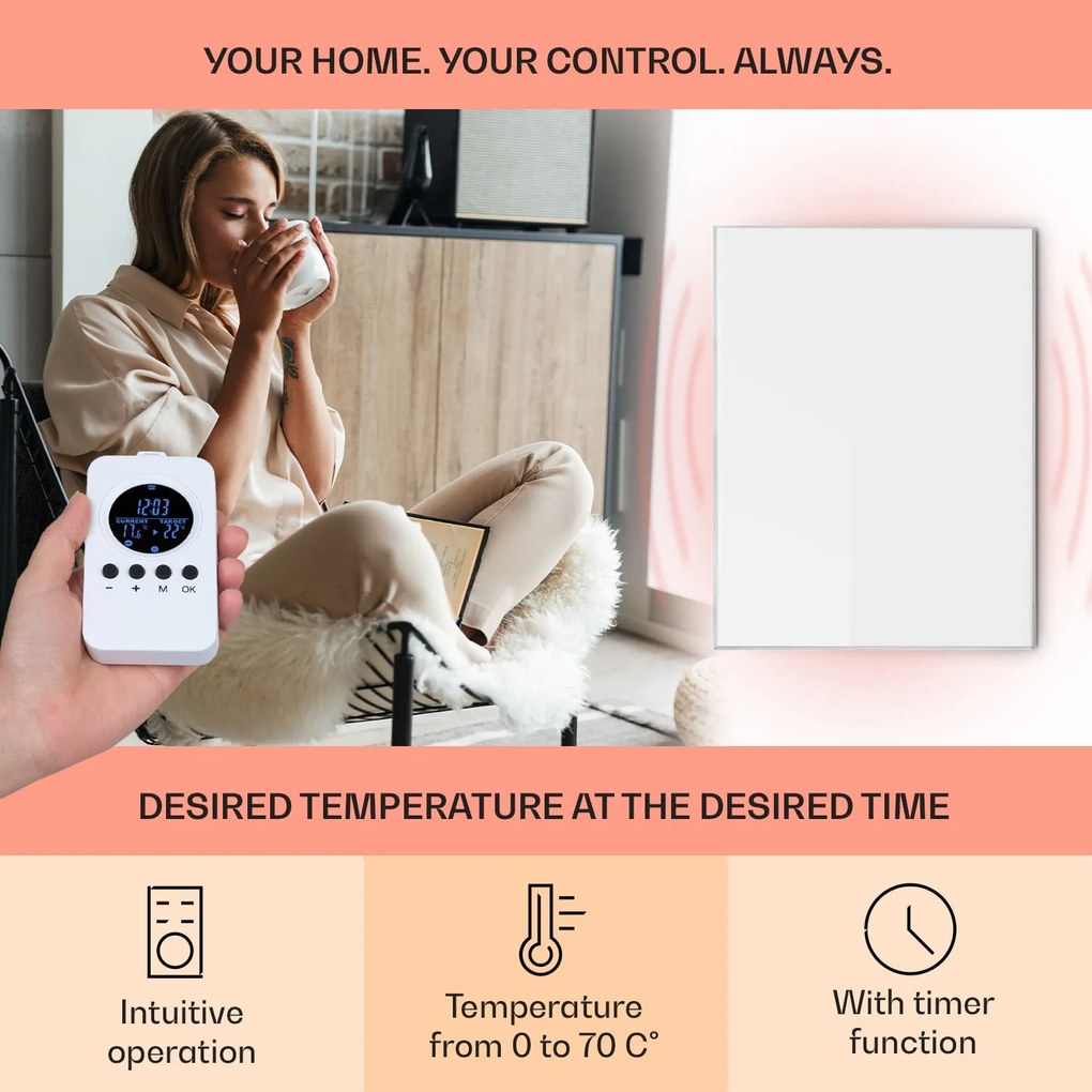 Klarstein Wonderwall Air 120, infravörös hősugárzó, 100 x 120 cm, 1200 W, falra szerelhető, távirányító, fehér