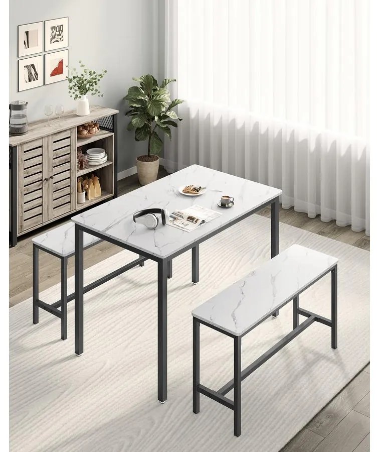 VASAGLE étkezőasztal szett 4 fő részére, konyhaasztal 2 paddal, márványfehér és tintafekete színben