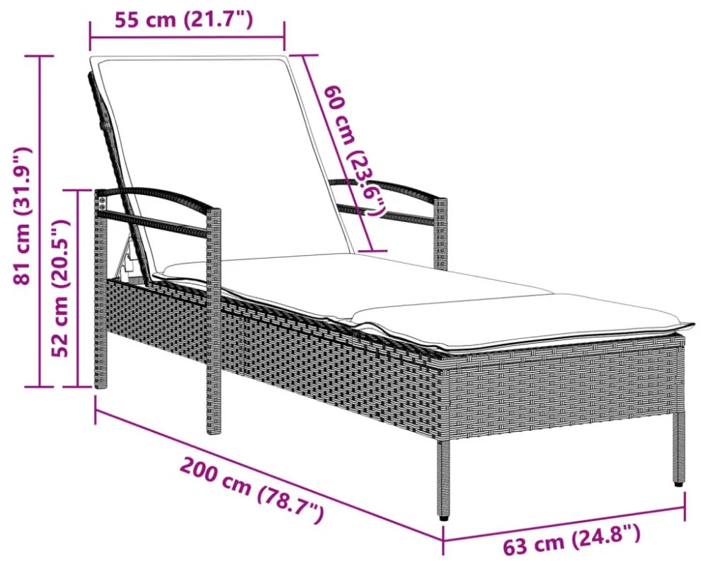 világosszürke polyrattan napozóágy párnával 63x200x81 cm