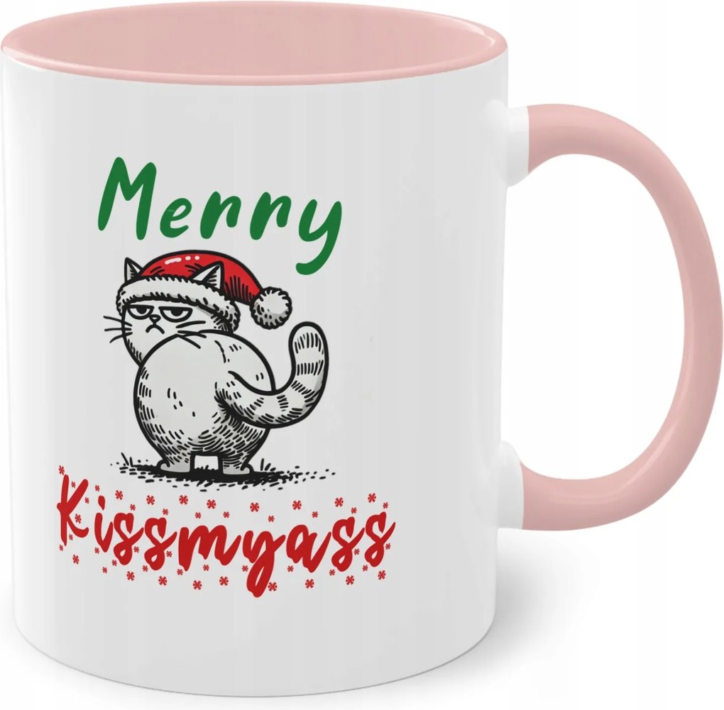 Rózsaszín karácsonyi bögre Macska Ajándék Vidám Csók...Merry KissMyAss