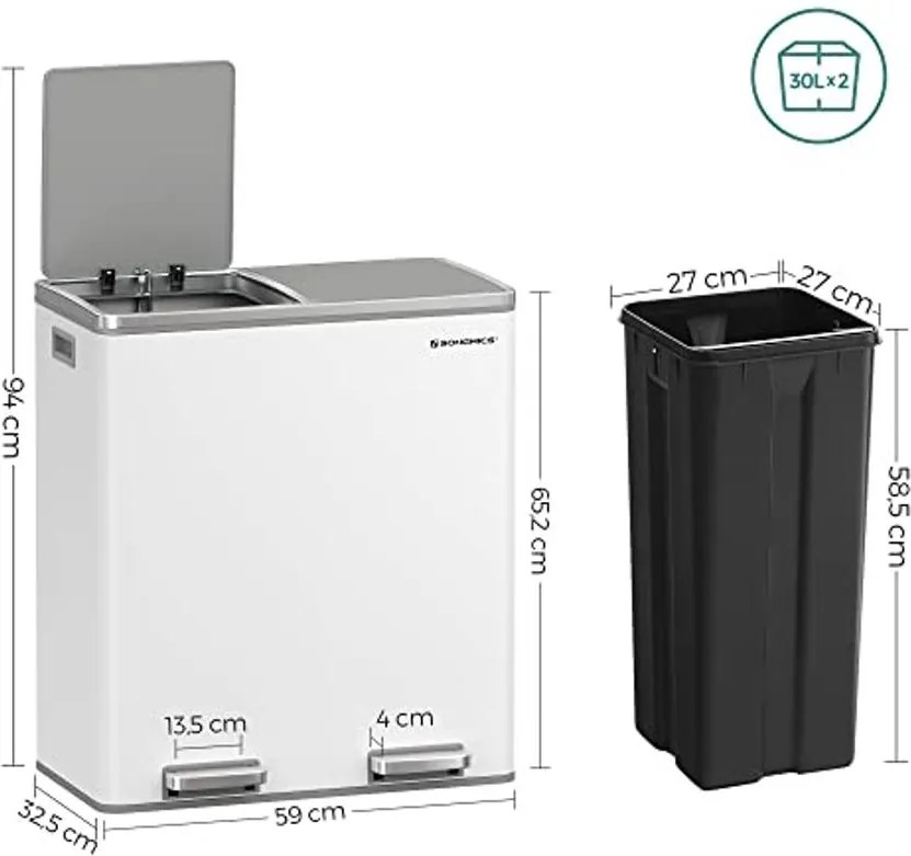 Szemetes,15 szemeteszsákkal, 2 rekesszel, műanyag belső vödrökkel és csukható fedelekkel, légmentesen záródó, fehér/ szürke