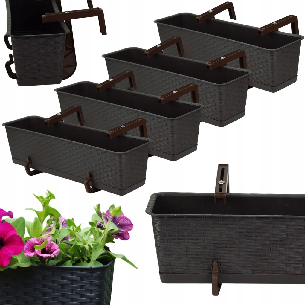 4x Ratolla erkélyláda állvánnyal Téglalap alakú virágtartó 59cm kampók