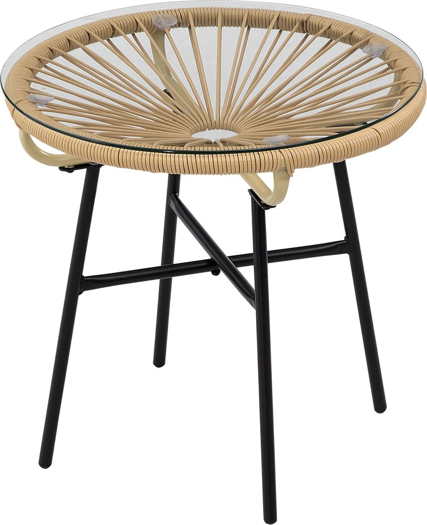 Outsunny Bézs Színű, Kerek PE Rattan Kávézó Asztal Üveglapos Tálcával - Kerti Asztal, Terasz Bútor, Bútor Asztal, Bistro Asztal, 50 x 50 x 50 cm | Aos