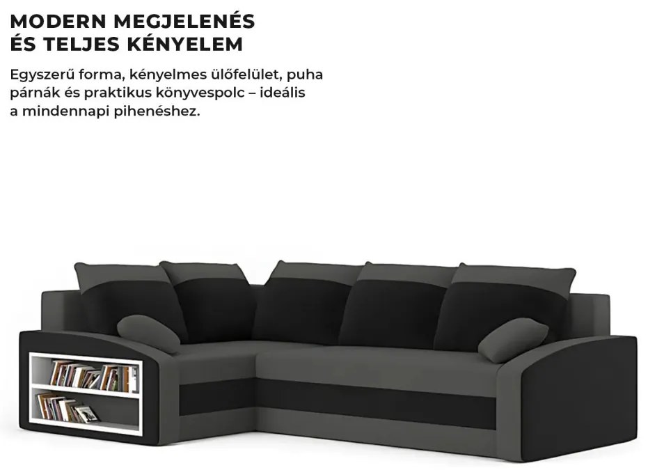 Grande sarokkanapé polcokkal , polc a bal karfaban, baloldali, szövet anyag, hab töltet, szürke - fekete