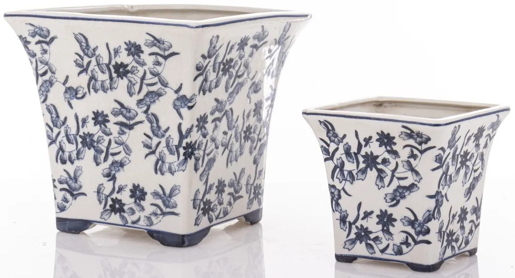 Törtfehér vintage szögletes porcelán 2db-os virágtartó kaspó szett kék virágokkal festve 11x12x12 / 17,5x18,5x18,5cm