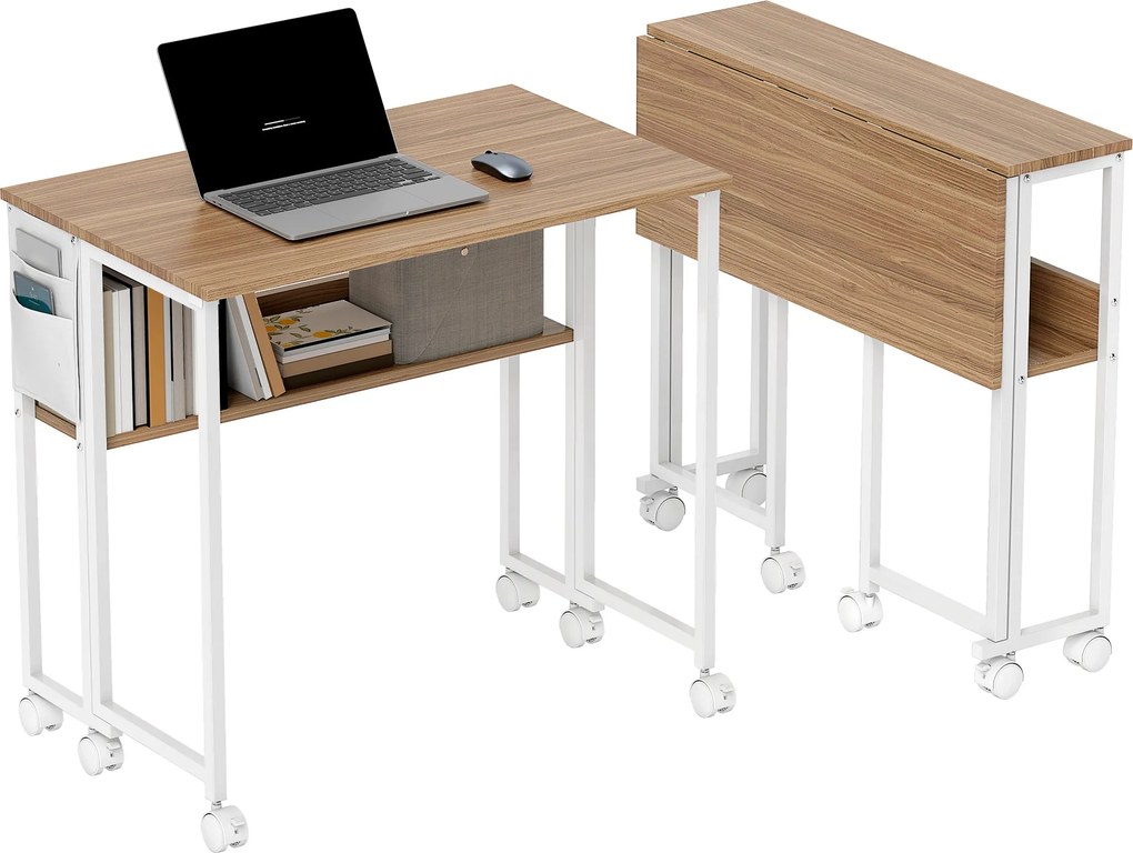 HOMCOM Összecsukható Íróasztal Kerekekkel és Polccal, Kompakt Asztal Tárolózsebbel, Laptop Íróasztal Kiscsoportos Helyekre, Otthoni Iroda 80x50x75 cm,