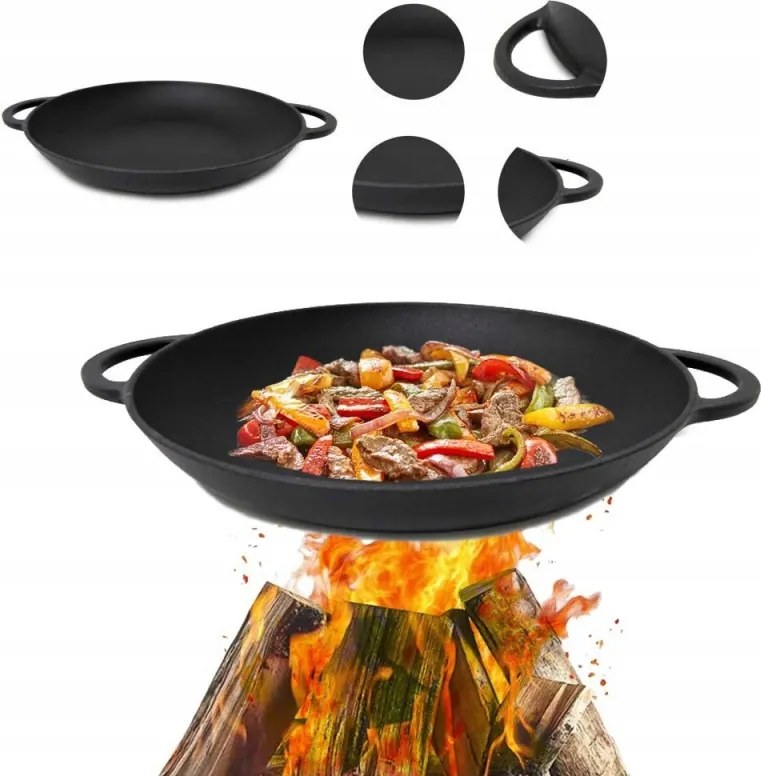 Öntöttvas Serpenyő Alacsony 38x9 cm Grill Tűz Gáz Fogantyúkkal