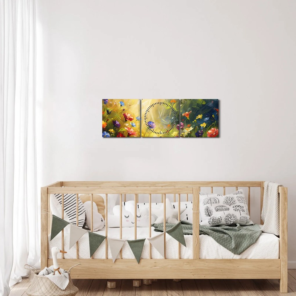 Kép - Tavaszi virágos rét, festmény (órával) (90x30 cm)