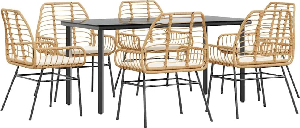 vidaXL 7 észes barna polyrattan üveg kerti étkezőgarnitúra párnával