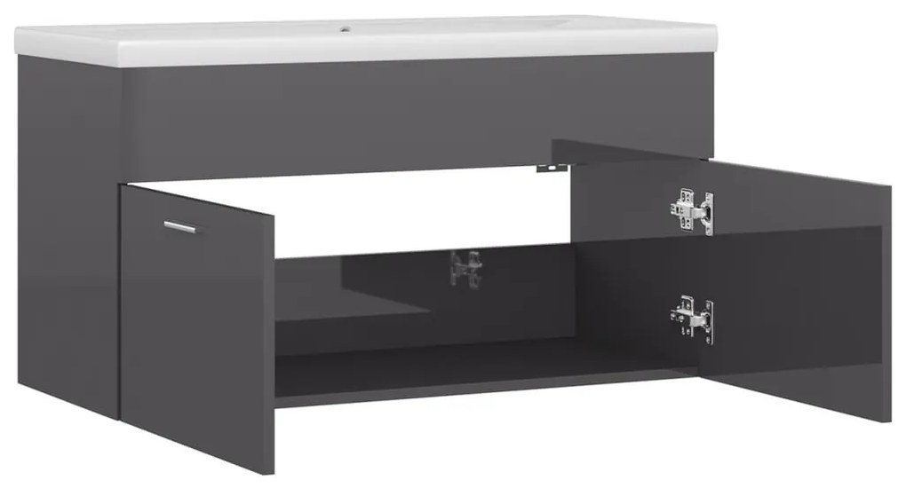 Magasfényű szürke szerelt fa mosdószekrény beépített kagylóval