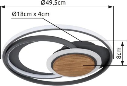 Globo 67256-45 Mennyezeti lámpa fém grafitszürke váz, akril fehér búra, sötétbarna fa dekorral, ø: 500mm, M: 60mm, tartozék: LED 45W 230V, 3600lm forrás, 1700lm kimenet, 3000K