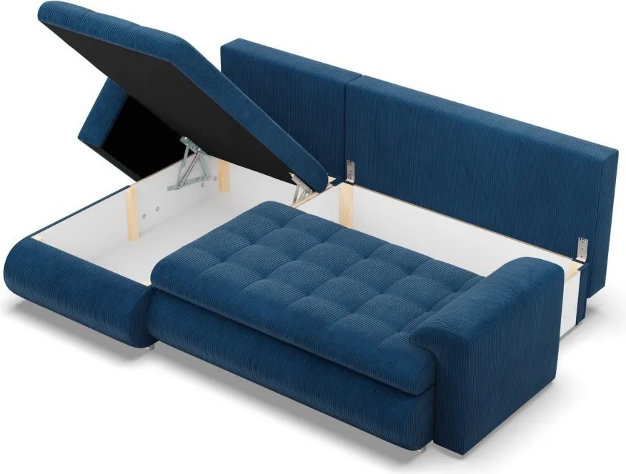 Tokio sarokkanapé, 2 ágyneműtartóval, kordbársony, baloldali, kék