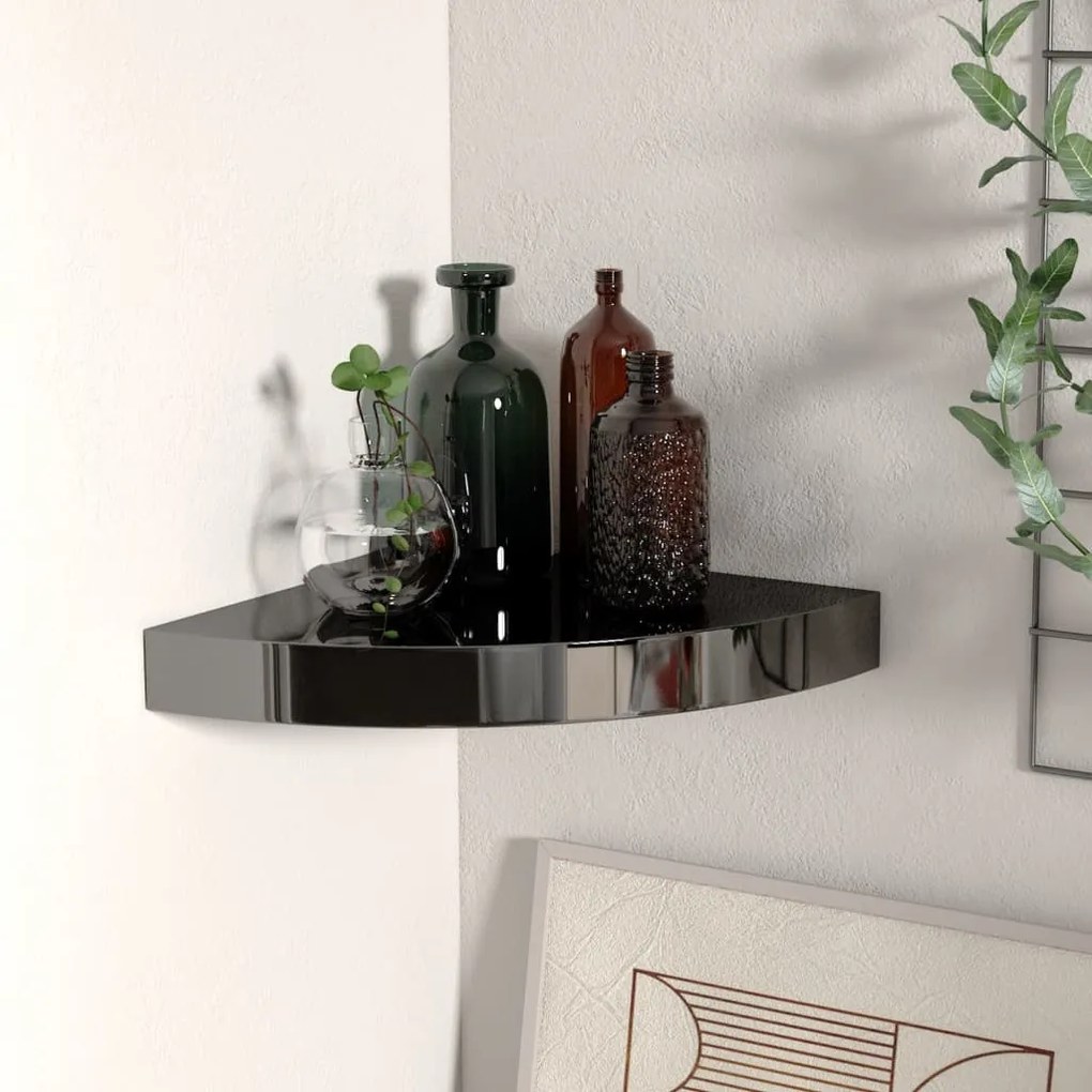 magasfényű fekete MDF lebegő sarokpolc 25 x 25 x 3,8 cm