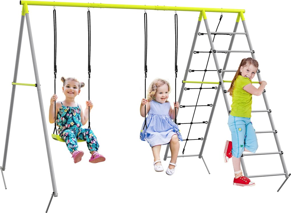 Outsunny Gyerek Hinta Szett - Fém Swing Keret, Dupla Hinta, Mászóhálóval, Létra, Kerti Hinta 3-8 éves gyerekek számára, Acél, Zöld | Aosom