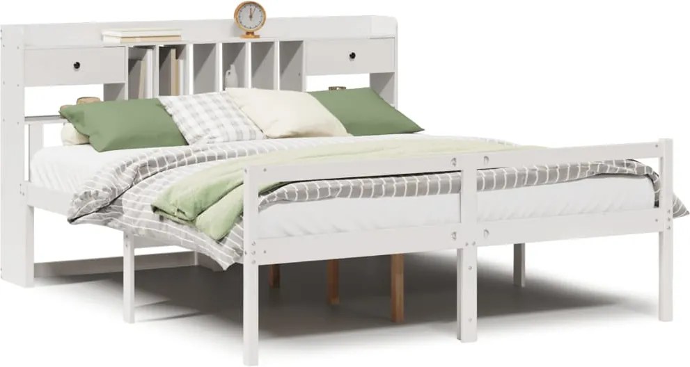 vidaXL fehér tömör fenyőfa könyvespolcos ágy matrac nélkül 180x200 cm