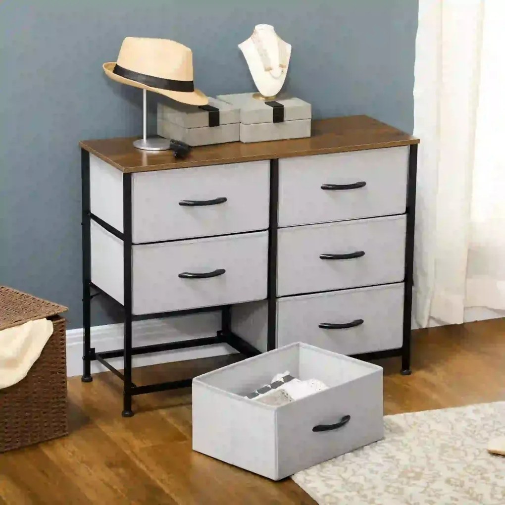 HOMCOM Fiókos tálalószekrény, 6 fiókos, szövet fiókos, 80 x 30 x 62,5 cm, barna-fekete